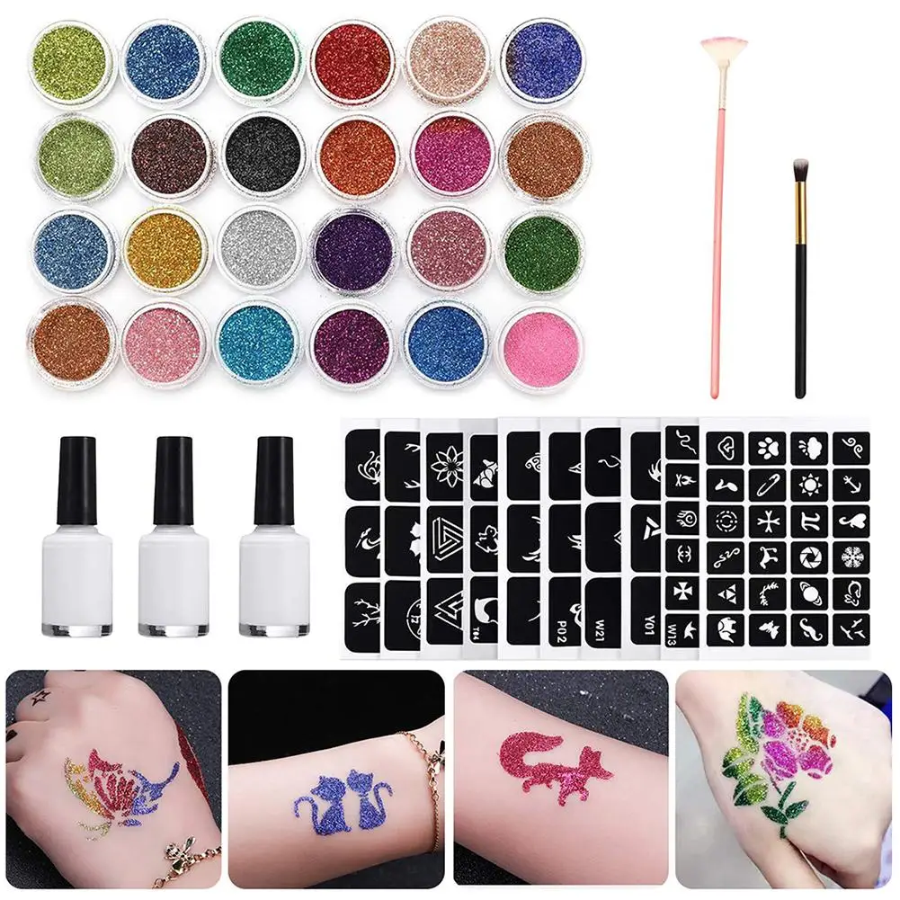 24 Glitter Colors Tattoo Kit With Stencil Glue Brush Makeup Body Glitter Body Art Design For People Body Painting Glitter Powder
24 Glitter Colors Tattoo Kit With Stencil Glue Brush Makeup Body Glitter Body Art Design For People Body Painting Glitter Powder