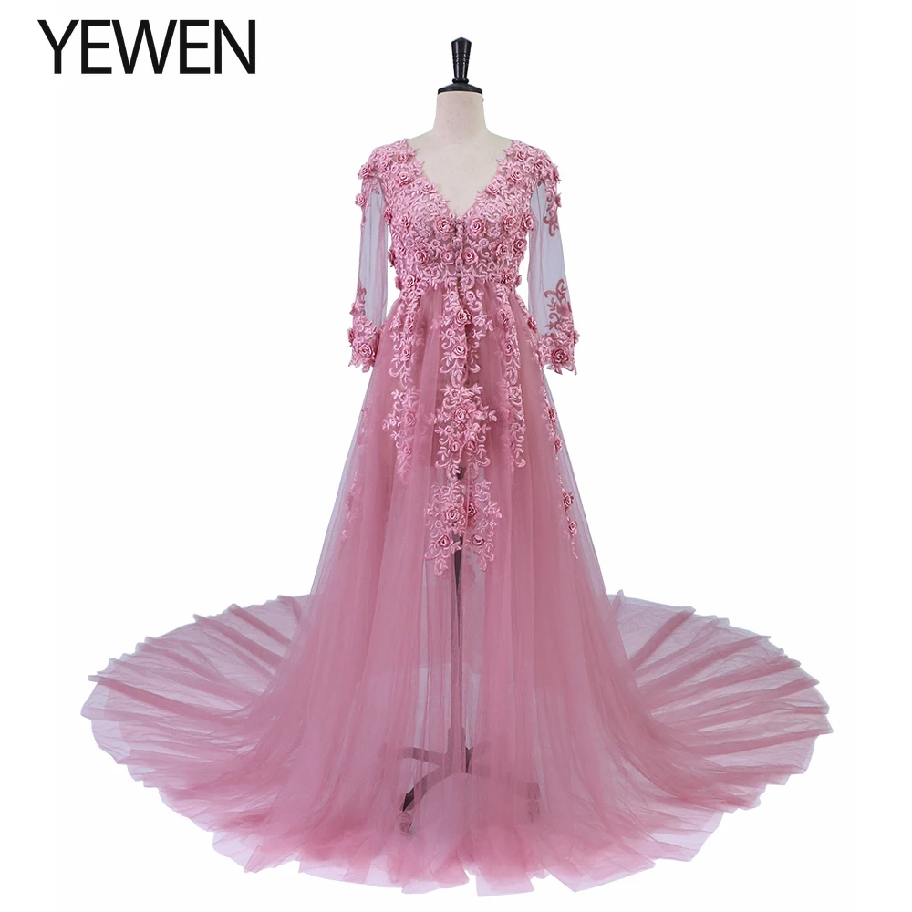 Elegant Tulle Appliques Lace Evening Dresses V-Neck Half Sleeve Open Front Oldrose Beach Style Party Gowns Robe De Soiree YeWen
Elegant Tulle Appliques Lace Evening Dresses V-Neck Half Sleeve Open Front Oldrose Beach Style Party Gowns Robe De Soiree YeWen