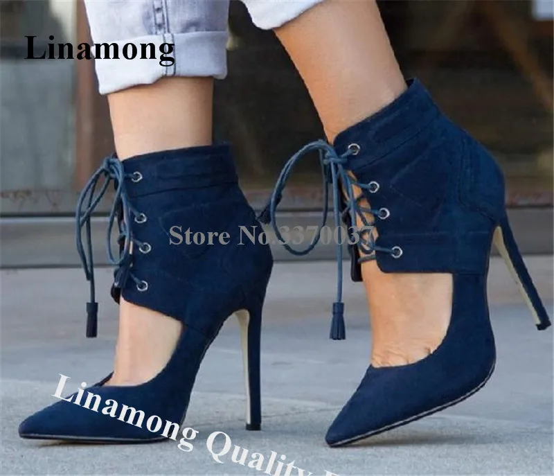 Linamong Women Elegant Pointed Toe Blue Suede Stiletto Heel Short Gladiator Boots Lace-up Ankle Booties Big Size Heels
Linamong Women Elegant Pointed Toe Blue Suede Stiletto Heel Short Gladiator Boots Lace-up Ankle Booties Big Size Heels