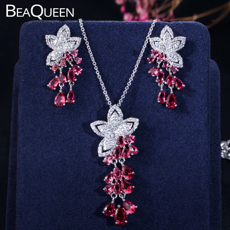 BeaQueen Rose Red Cubic Zirconia Crystal Flower Tassel Drop Earrings Necklace Elegant Party Jewelry Sets for Women JS172
BeaQueen Rose Red Cubic Zirconia Crystal Flower Tassel Drop Earrings Necklace Elegant Party Jewelry Sets for Women JS172