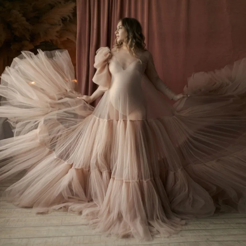 Nude Color See Through Photoshoot Dresses Sheer Long Sleeves Ruffles Train Maternity Dresses For Photo Shoot Tulle Robe Gown
Nude Color See Through Photoshoot Dresses Sheer Long Sleeves Ruffles Train Maternity Dresses For Photo Shoot Tulle Robe Gown