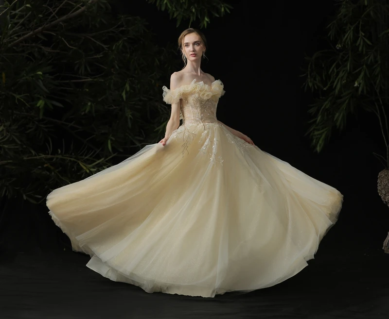 Clearance Production Champagne Off-Shoulder Lace Floor Length Wedding Dress Ball Gown
Clearance Production Champagne Off-Shoulder Lace Floor Length Wedding Dress Ball Gown