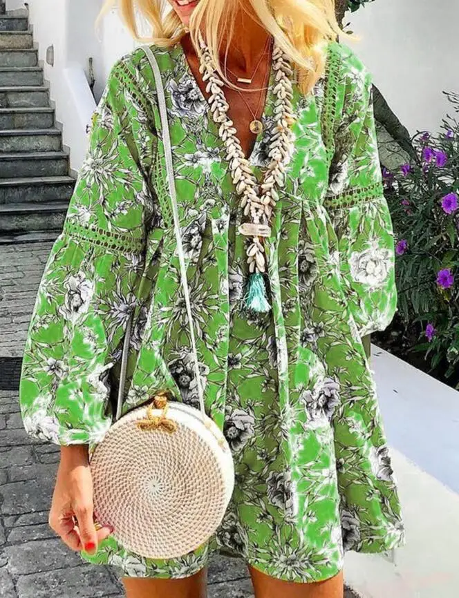 Bohemian Floral Print Long Sleeve Lantern Mini Dresses Sexy V Neck Casual Elegant Boho Holiday Beach Dress Summer Women green
Bohemian Floral Print Long Sleeve Lantern Mini Dresses Sexy V Neck Casual Elegant Boho Holiday Beach Dress Summer Women green