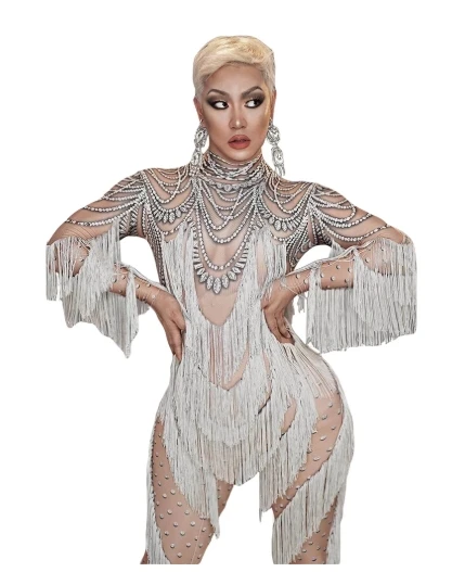 Fake Rhinestone Print Dancer Spandex Nightclub Costumes White Tassel Jumpsuit Women stage show wear
Fake Rhinestone Print Dancer Spandex Nightclub Costumes White Tassel Jumpsuit Women stage show wear