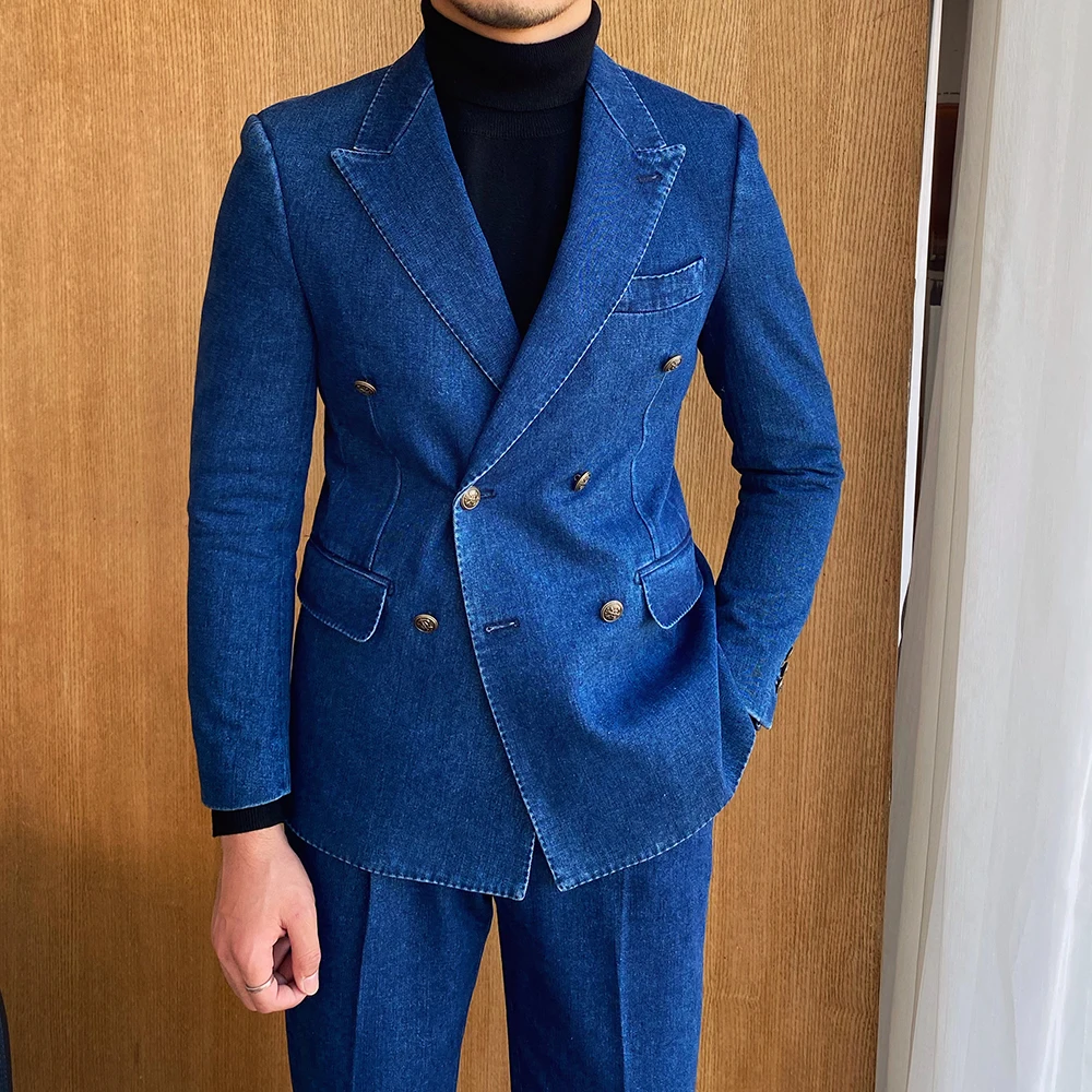 Men Suits For Wedding Blue Oxford Denim Groomsman Tuxedo Double Breasted Coat Pants 2 Pieces Banquet Prom Party Male Clothes
Men Suits For Wedding Blue Oxford Denim Groomsman Tuxedo Double Breasted Coat Pants 2 Pieces Banquet Prom Party Male Clothes