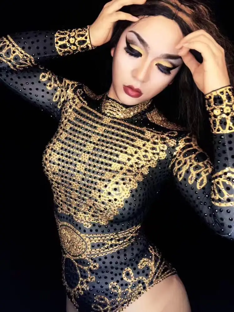 Black Gold long Sleeve Sexy Beyonce Bodysuit Leotard Outfits Stage Clothes for Singers Rhinestones Jumpsuit Costumes Dancers
Black Gold long Sleeve Sexy Beyonce Bodysuit Leotard Outfits Stage Clothes for Singers Rhinestones Jumpsuit Costumes Dancers