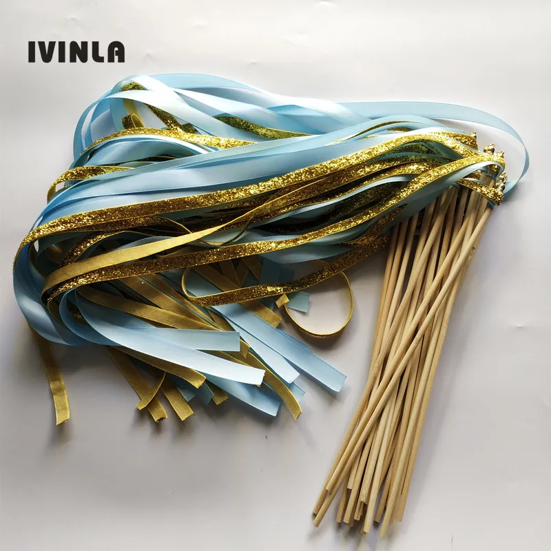 50pcs/lot gold glitter + light blue stain ribbon wedding wands with gold bell for wedding party decoration
50pcs/lot gold glitter + light blue stain ribbon wedding wands with gold bell for wedding party decoration
