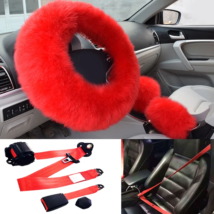 4pcs Red set Universal Furry Thick steering wheel cover, hand brake cover, gear set +3 Point Safety Seat Lap Belt kit
4pcs Red set Universal Furry Thick steering wheel cover, hand brake cover, gear set +3 Point Safety Seat Lap Belt kit