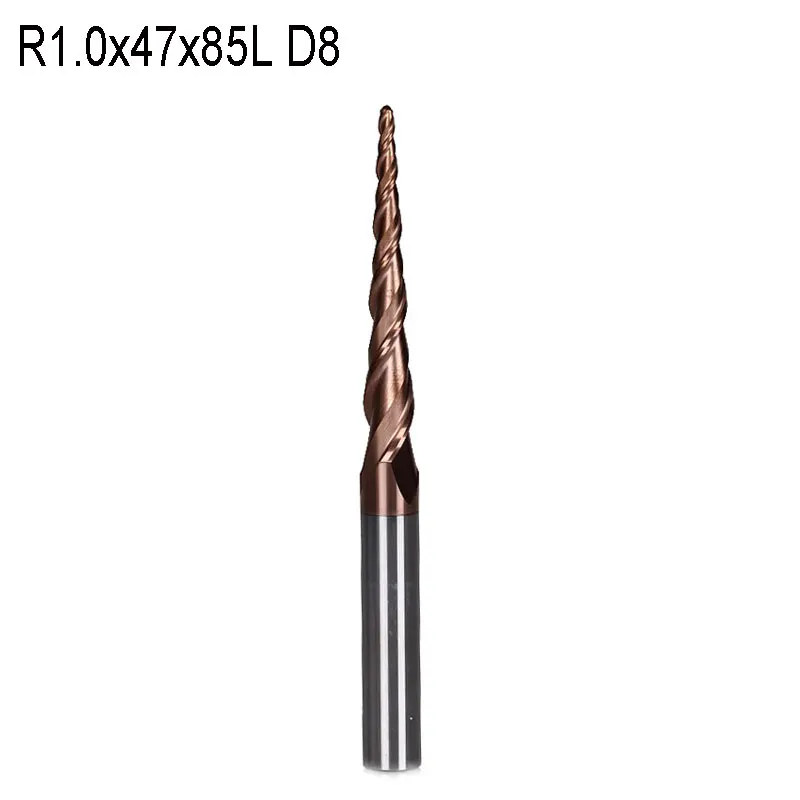 R1.0*D8*47*85L*2F Dia 8mm tungsten carbide Ball Nose cone type Tapered End Mill cnc milling cutter tools router bit
R1.0*D8*47*85L*2F Dia 8mm tungsten carbide Ball Nose cone type Tapered End Mill cnc milling cutter tools router bit
