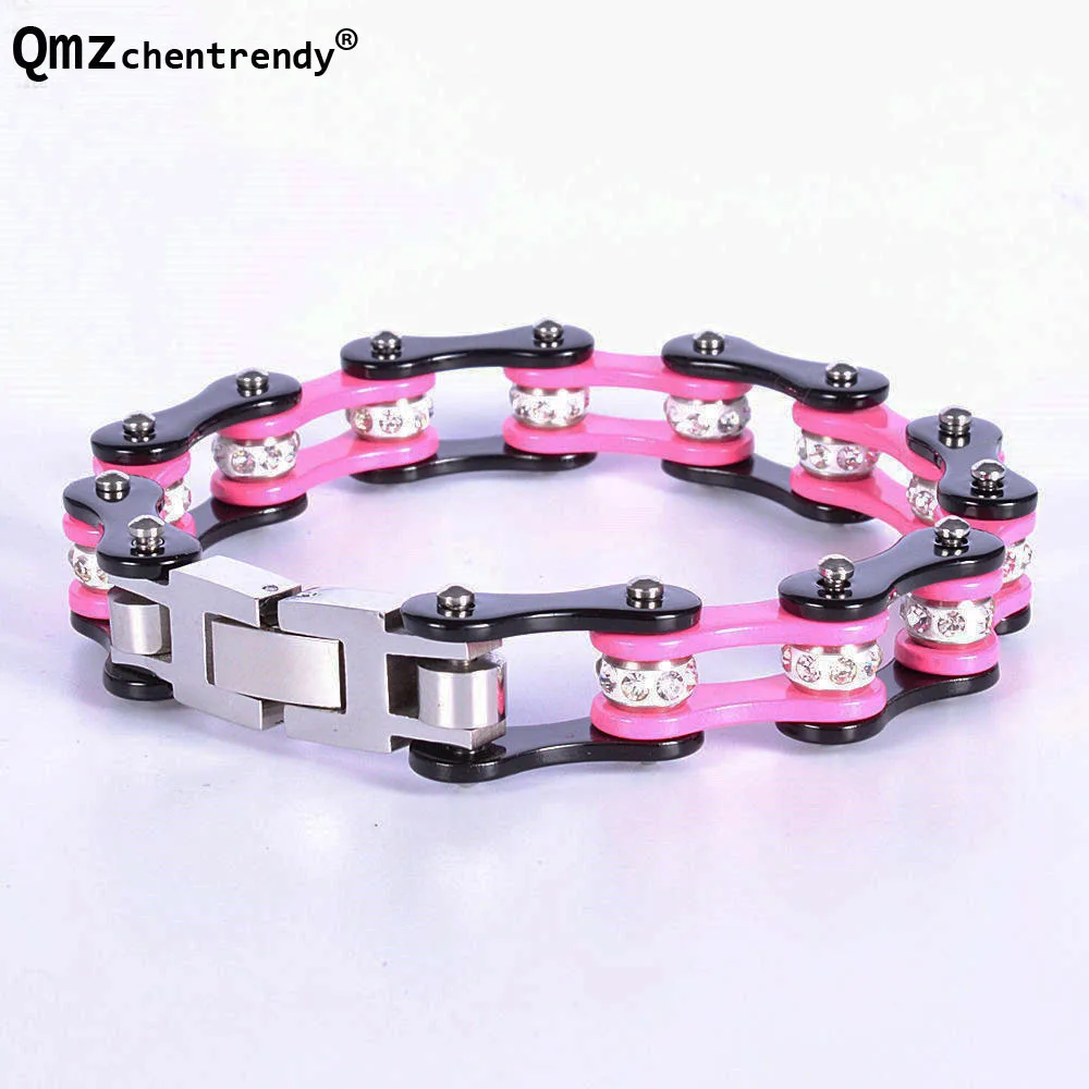 Women Colors Crystals drill Motorcycle Biker Bracelet Stainless Steel pink Purple Bicycle Chain Romantic bracelets Men Masculina
Women Colors Crystals drill Motorcycle Biker Bracelet Stainless Steel pink Purple Bicycle Chain Romantic bracelets Men Masculina