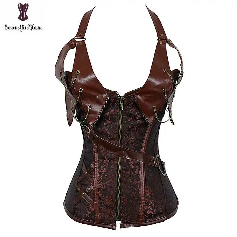 Halterneck Steampunk Corset Top Faux Leather Buckle Zipper Belt Chain Punk Outfit Corselet Overbust Plus Size Bustier Boned 908
Halterneck Steampunk Corset Top Faux Leather Buckle Zipper Belt Chain Punk Outfit Corselet Overbust Plus Size Bustier Boned 908