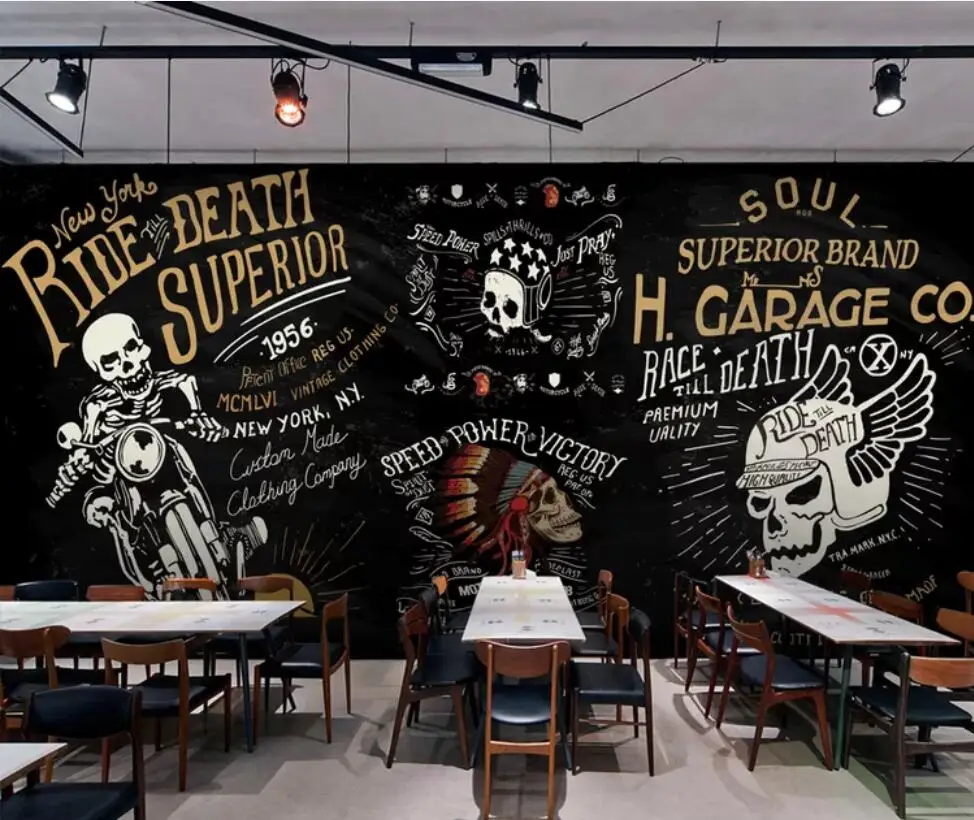 European and American punk motorcycle skull bar KTV mural background wall decoration wallpaper murals
European and American punk motorcycle skull bar KTV mural background wall decoration wallpaper murals