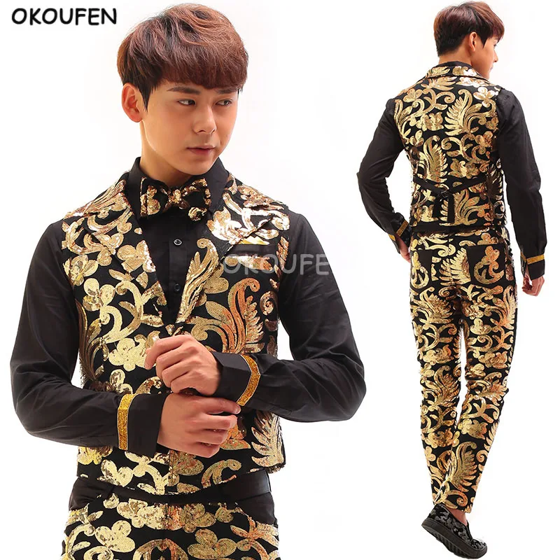 Chinese style Tang suits fashion wedding formal dress Male Gold print suits Stage costumes Male singer show party wear
Chinese style Tang suits fashion wedding formal dress Male Gold print suits Stage costumes Male singer show party wear