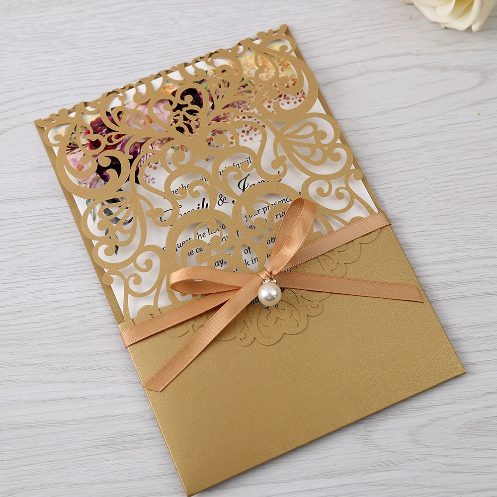 50pcs Gold New Arrival Horizontal Laser Cut Wedding Invitations with RSVP card,pearl ribbon,Customizable
50pcs Gold New Arrival Horizontal Laser Cut Wedding Invitations with RSVP card,pearl ribbon,Customizable
