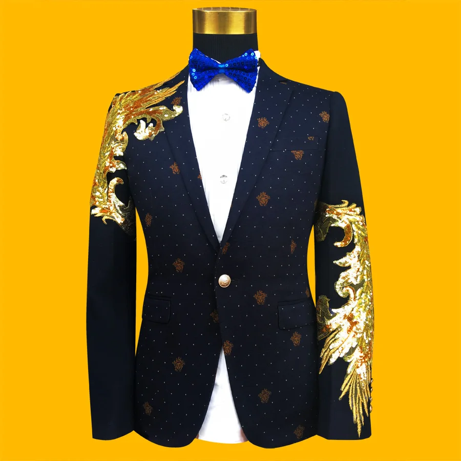 New Slim Male Suits Blazer blue/Black Gold Sequins Embroidery Fashion Men Performance Costume Stage Wear Star Concert Jacket Coa
New Slim Male Suits Blazer blue/Black Gold Sequins Embroidery Fashion Men Performance Costume Stage Wear Star Concert Jacket Coa