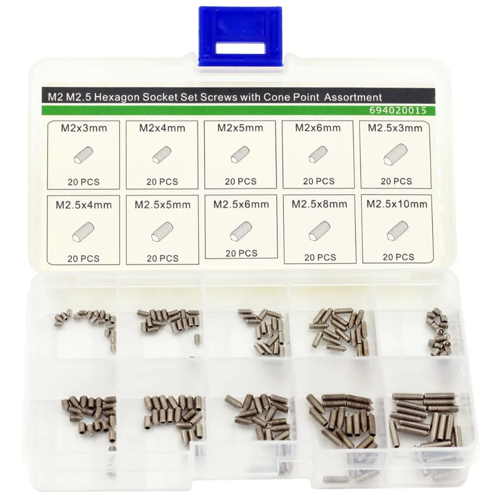 M2 M2.5 Hexagon Socket Set Screws with Cone Point Assortment Kit,M2 M2.5 Cone Point Grub Screws,Stainless Steel,200 PCS
M2 M2.5 Hexagon Socket Set Screws with Cone Point Assortment Kit,M2 M2.5 Cone Point Grub Screws,Stainless Steel,200 PCS