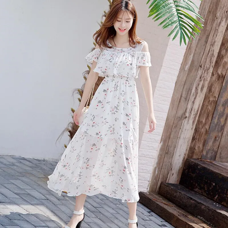 Chiffon Summer Women Dress Slimming Strapless High Waist Round Neck Short Sleeve Long Dresses Girl Sweet Casual Clothes H9034
Chiffon Summer Women Dress Slimming Strapless High Waist Round Neck Short Sleeve Long Dresses Girl Sweet Casual Clothes H9034