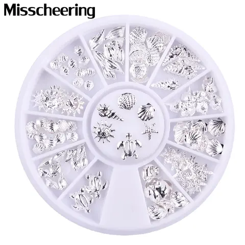 12 Girds Silver Metal Nail Studs Mixed Ocean Sea Shell/Conch/Starfish 3d Metallic Slice Flakes DIY Nail Art Decorations In Wheel
