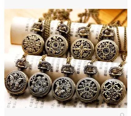 Wholesale Vintage Bronze Small Flower Pocket Watch Necklace, 12 design mixed ,20pc/lot PLJ52
Wholesale Vintage Bronze Small Flower Pocket Watch Necklace, 12 design mixed ,20pc/lot PLJ52