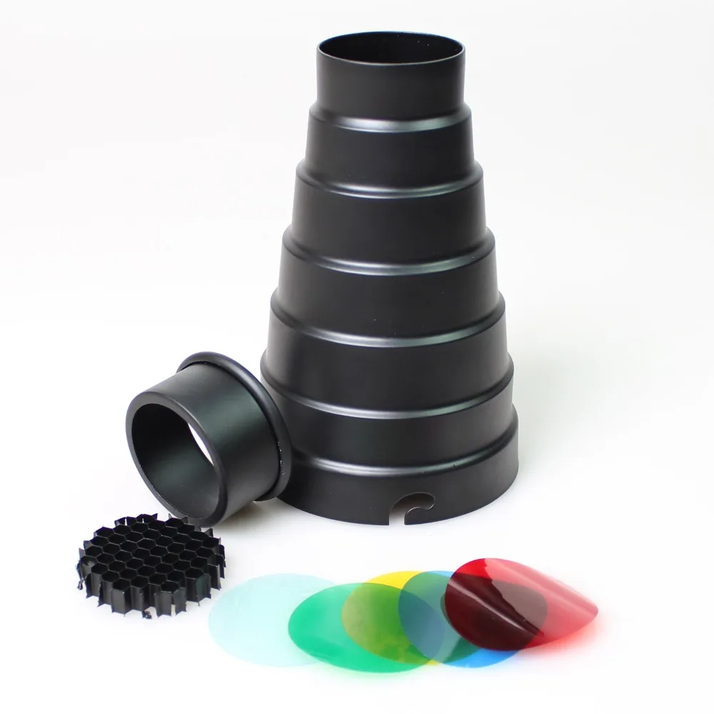 Metal Conical Snoot with Honeycomb Grid 5pcs Color Filter Kit for Elinchrom Mount Studio Strobe Monolight Photography Flash
Metal Conical Snoot with Honeycomb Grid 5pcs Color Filter Kit for Elinchrom Mount Studio Strobe Monolight Photography Flash
