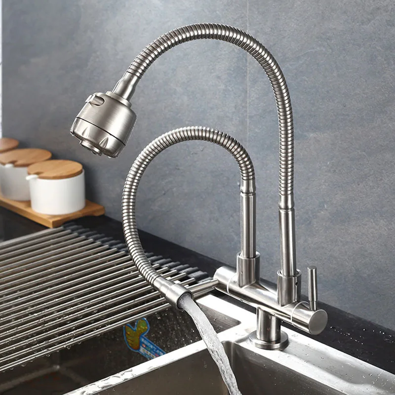 304 Stainless Steel Kitchen Faucet Single Cold Water Tap Universal Tube Double tube Faucets 360 Rotation 2 Water Outlet Taps
304 Stainless Steel Kitchen Faucet Single Cold Water Tap Universal Tube Double tube Faucets 360 Rotation 2 Water Outlet Taps