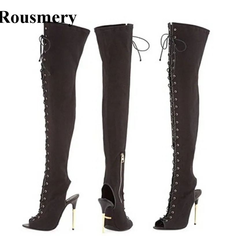 Hot Sale Women Fashion Open Toe Lace-up Black Suede Leather Over Knee Gladiator Boots Stiletto Heel Cut-out High Heel Boots
Hot Sale Women Fashion Open Toe Lace-up Black Suede Leather Over Knee Gladiator Boots Stiletto Heel Cut-out High Heel Boots