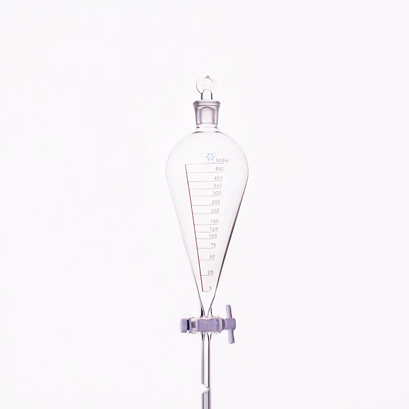 Separatory funnel pear shape,with ground-in glass stopper and stopcock,With tick marks,Capacity 500ml,PTFE switch valve
Separatory funnel pear shape,with ground-in glass stopper and stopcock,With tick marks,Capacity 500ml,PTFE switch valve