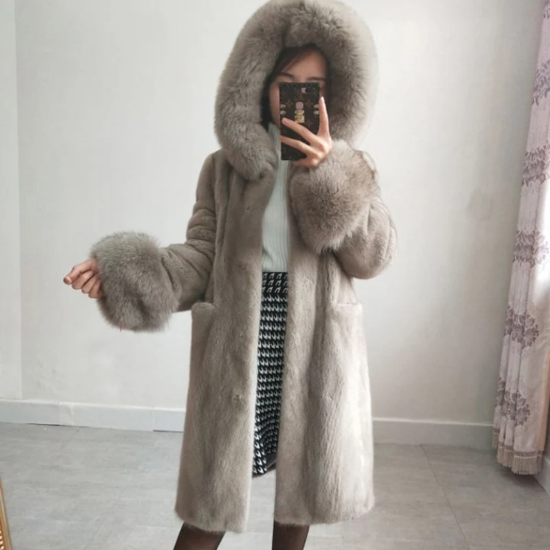 Women's real natural mink fur coat hooded with fox fur collar and cuff female fur jacket winter overcoat long outerwear
Women's real natural mink fur coat hooded with fox fur collar and cuff female fur jacket winter overcoat long outerwear