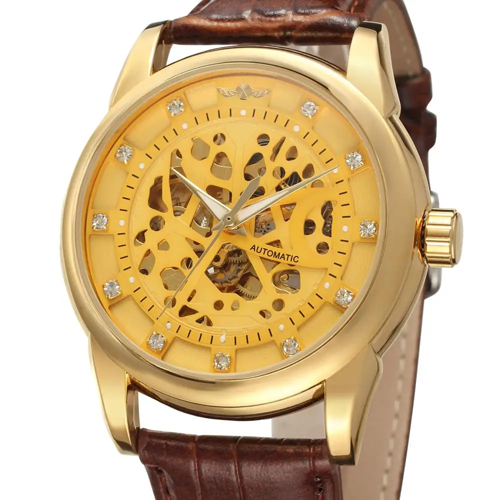 WINNER WATCH fully golden dense flower pattern surface brown leather strap men's automatic watch
WINNER WATCH fully golden dense flower pattern surface brown leather strap men's automatic watch