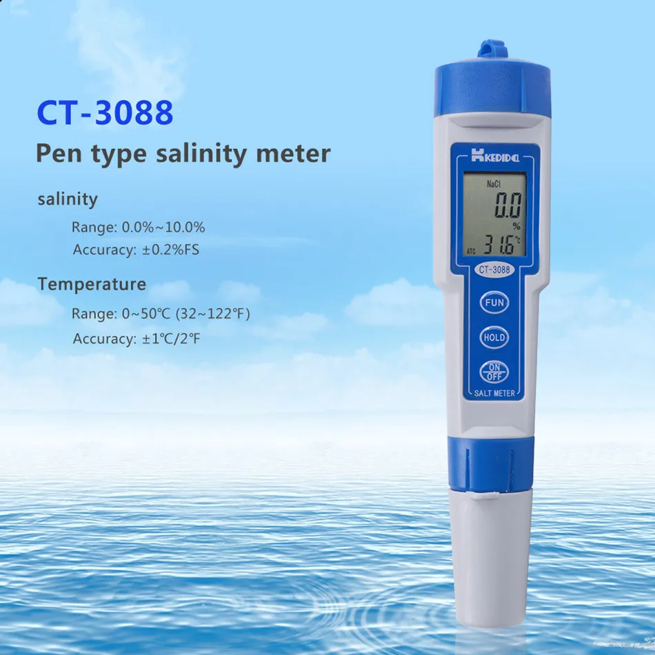 CT-3088 High Accuracy Pen-Type Salt Meter Digital Display Salinometer Waterproof Water Tester Salinity
CT-3088 High Accuracy Pen-Type Salt Meter Digital Display Salinometer Waterproof Water Tester Salinity