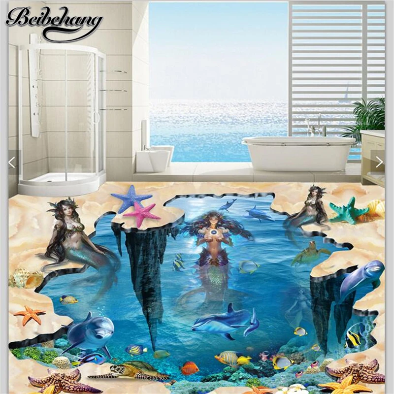 

beibehang Custom floor drawing 3d beach mermaid underwater world 3d floor tiles three-dimensional painting 3d flooring wallpaper