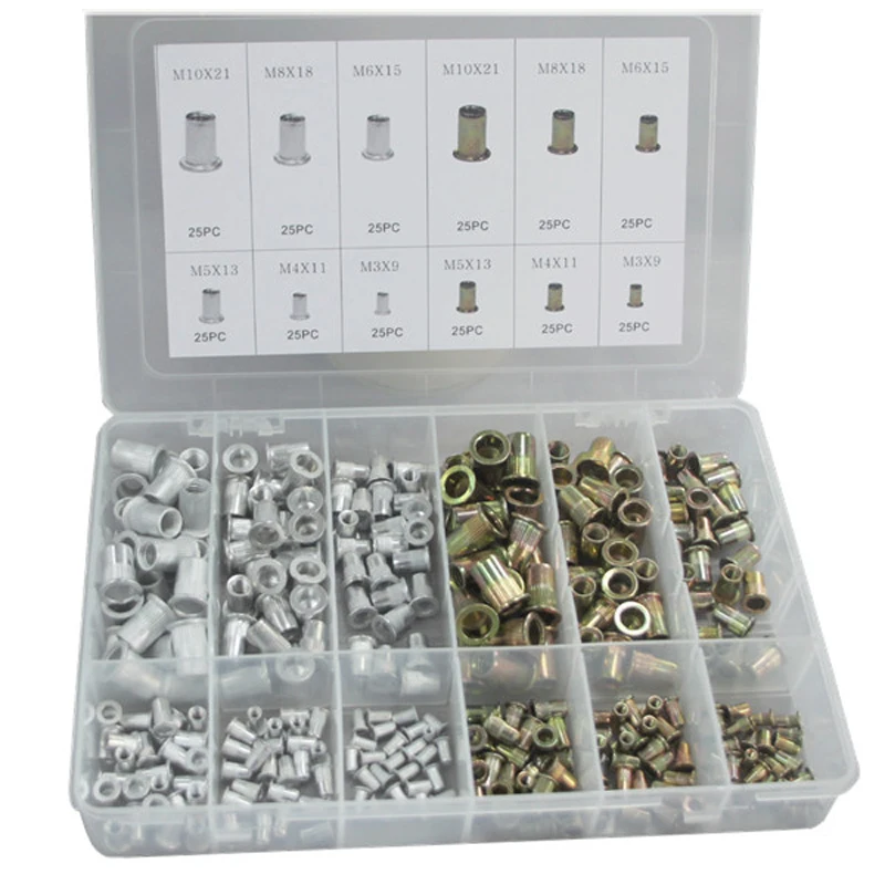300Pcs/Box Aluminum & Steel Rivet Nut Combination Cylindrical Knurled Rivet Nut Assortment
300Pcs/Box Aluminum & Steel Rivet Nut Combination Cylindrical Knurled Rivet Nut Assortment