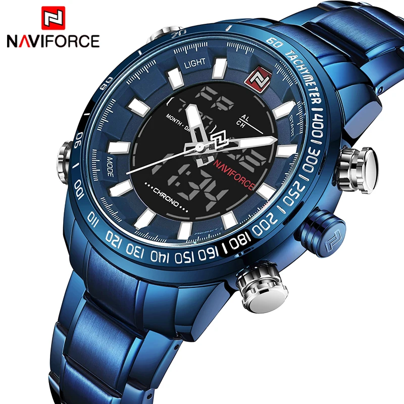 NAVIFORCE Quartz Watches Men's Stainless Steel Band Sport Watch 30M Waterproof Analog LED Digital Dual Display Wristwatches 2019
NAVIFORCE Quartz Watches Men's Stainless Steel Band Sport Watch 30M Waterproof Analog LED Digital Dual Display Wristwatches 2019