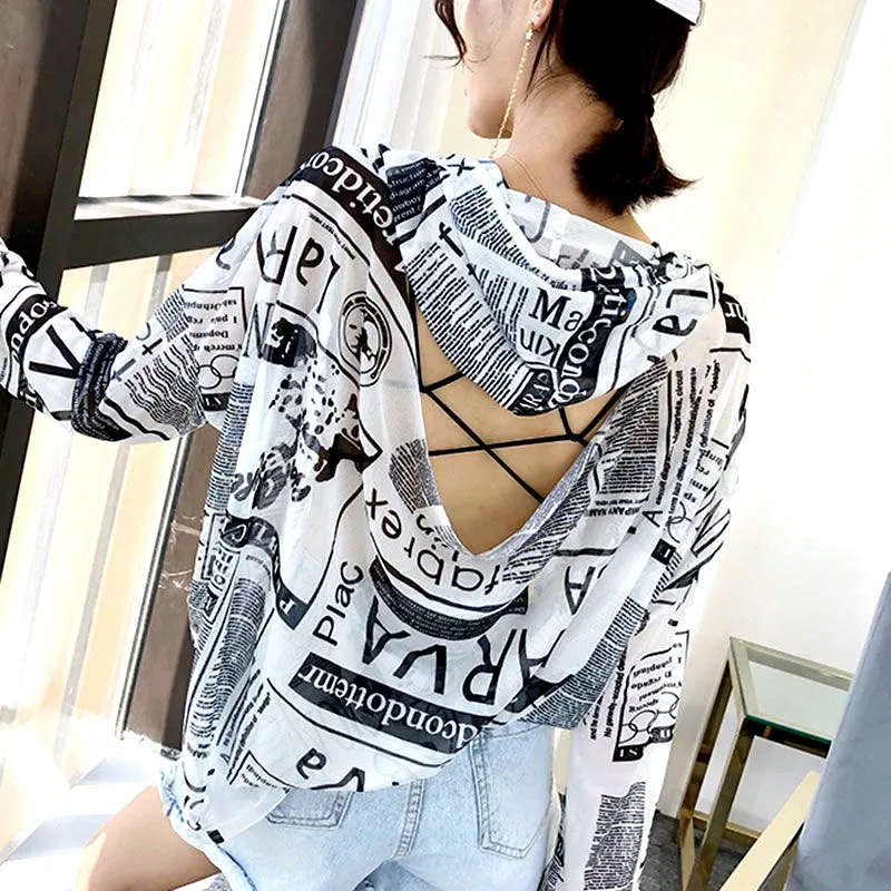 Hoodie Newspaper Print Blouse Summer Women Loose Sun Protection Hollow Out Thin Long Sleeve Blouses Shirt Jaqueta Tops SY017
Hoodie Newspaper Print Blouse Summer Women Loose Sun Protection Hollow Out Thin Long Sleeve Blouses Shirt Jaqueta Tops SY017