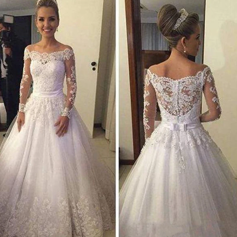 2021 Off Shoulder Long Sleeves Wedding Dresses Tulle with Lace Appliqued A-line Formal Bridal Gowns Custom Made
2021 Off Shoulder Long Sleeves Wedding Dresses Tulle with Lace Appliqued A-line Formal Bridal Gowns Custom Made