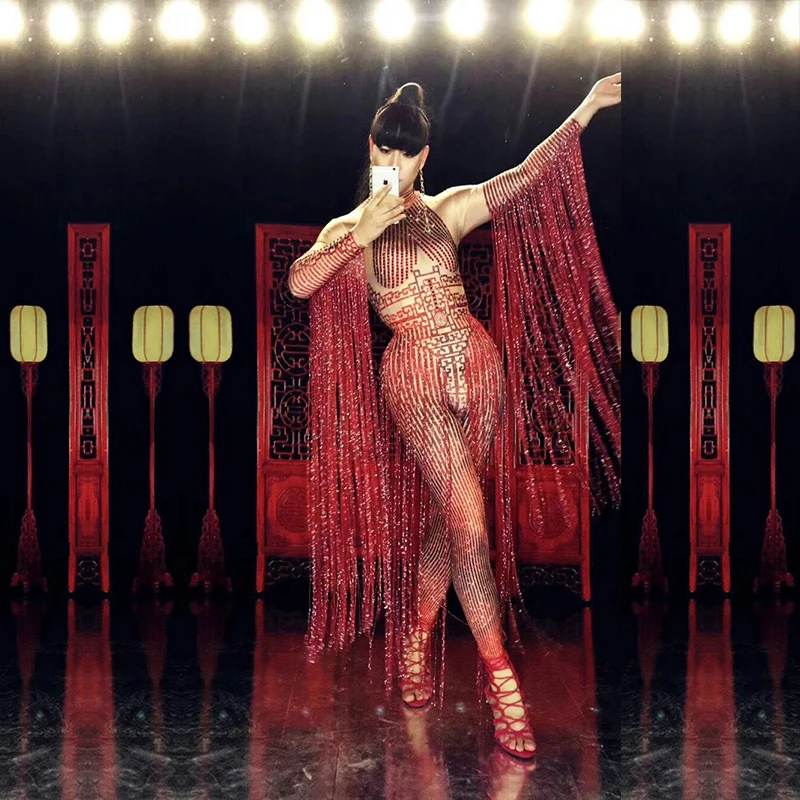 Glisten Crystals Red Jumpsuit Sexy Long Tassel Women Outfit Nightclub Female Singer Costume Stage Dance DS Performance Clothing
Glisten Crystals Red Jumpsuit Sexy Long Tassel Women Outfit Nightclub Female Singer Costume Stage Dance DS Performance Clothing