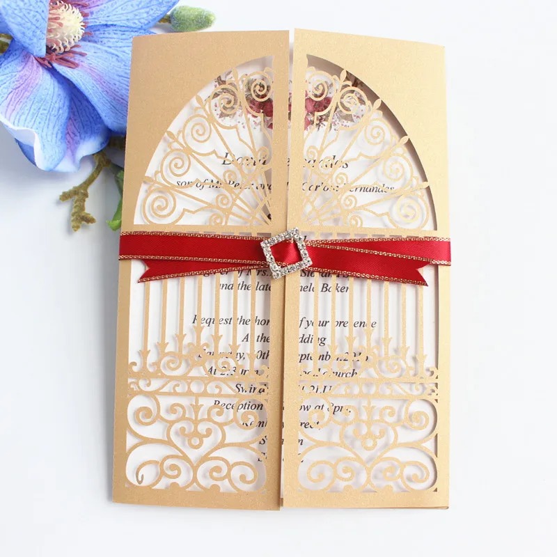 Gold wedding invitation with glittery rhinestone burgundy lace decoration palace gate folded laser paper invites 50pcs
Gold wedding invitation with glittery rhinestone burgundy lace decoration palace gate folded laser paper invites 50pcs