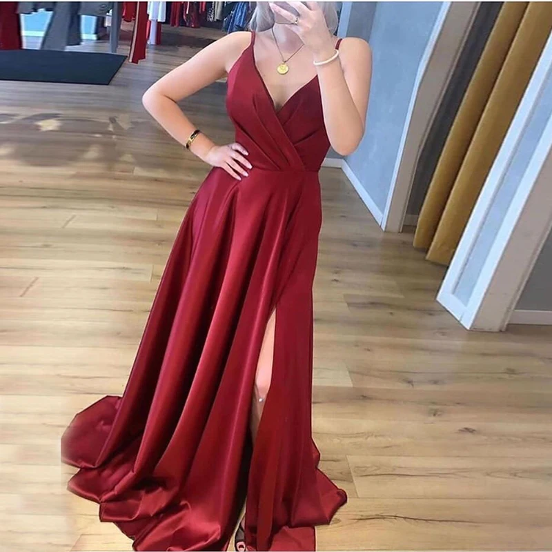 Simple Elegant A-line Evening Dresses V-neck Red Satin robe de soiree Long Prom Dress Spaghetti Straps Front Split Formal Gowns
Simple Elegant A-line Evening Dresses V-neck Red Satin robe de soiree Long Prom Dress Spaghetti Straps Front Split Formal Gowns