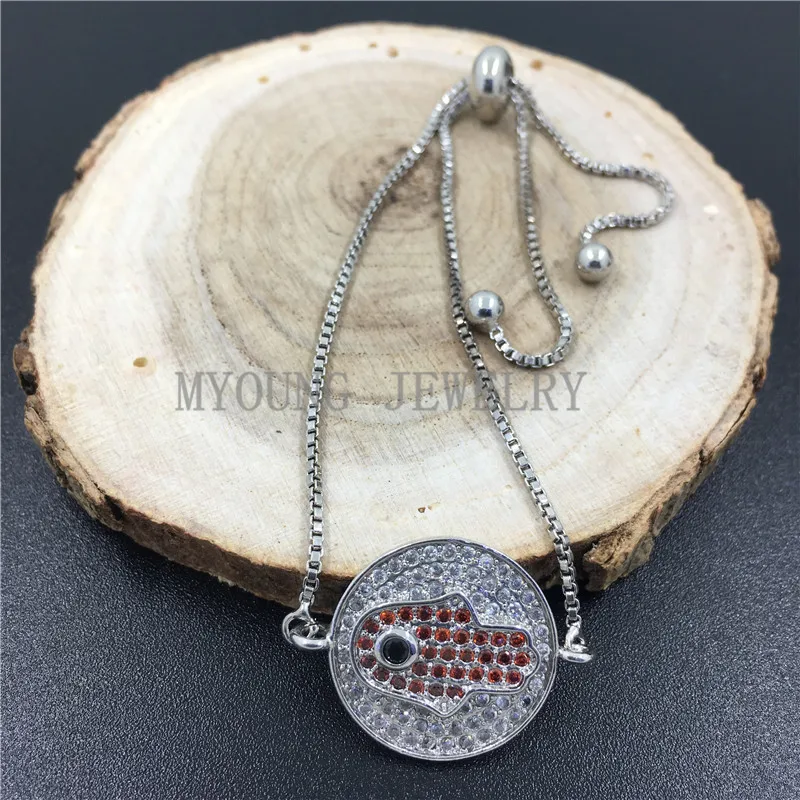MY0734 Silver Color Micro Pave CZ Zirconia Round Connector Orange Red Hamsa Hand Zircon Pendant Adjustable Chain Bracelet
MY0734 Silver Color Micro Pave CZ Zirconia Round Connector Orange Red Hamsa Hand Zircon Pendant Adjustable Chain Bracelet