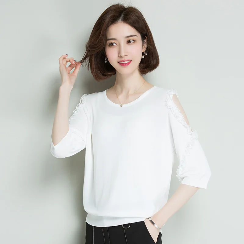 Spring Summer T-shirt Female Korean Loose Lace Stitching Knitted Bottoming Top Women Three-quarter Sleeve Thin T-shirts H9323
Spring Summer T-shirt Female Korean Loose Lace Stitching Knitted Bottoming Top Women Three-quarter Sleeve Thin T-shirts H9323