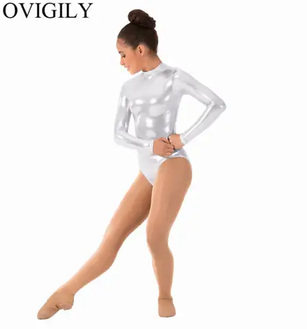 OVIGILY Girls Metallic Mock Neck Leotards for Gymnastics Kids Long Sleeve Leotard Ballet Dance Wear Team Competition