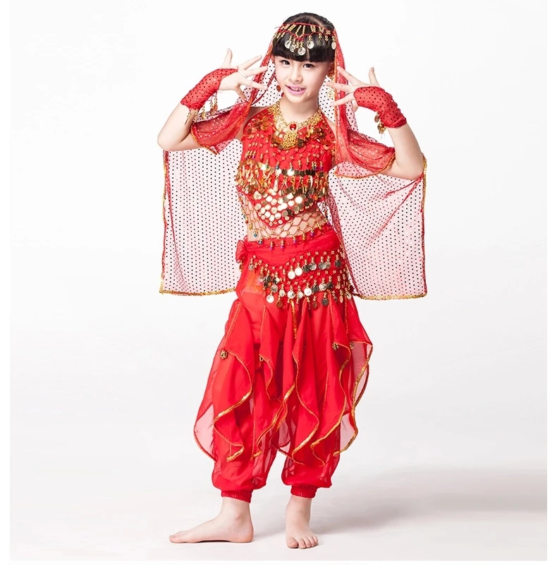 Children Indian Dance 5-piece Set Costume Top, Belt, Pants and Head Pieces Sequin Sleeves Bollywood Dance Costumes for Girls
Children Indian Dance 5-piece Set Costume Top, Belt, Pants and Head Pieces Sequin Sleeves Bollywood Dance Costumes for Girls