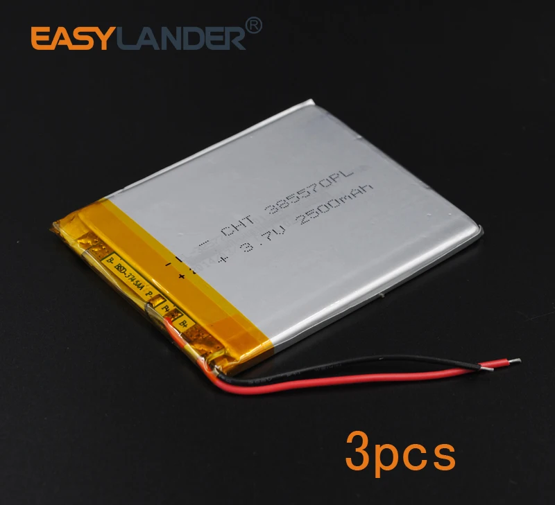 3 шт./лот 3,7 V 2500mAh 385570 полимерный литий-ионный аккумулятор для Mp3 Mp4 PAD DVD электронная книга bluetooth Vedio GPS планшет ПК Внешний аккумулятор мобильный
3 шт./лот 3,7 V 2500mAh 385570 полимерный литий-ионный аккумулятор для Mp3 Mp4 PAD DVD электронная книга bluetooth Vedio GPS планшет ПК Внешний аккумулятор мобильный