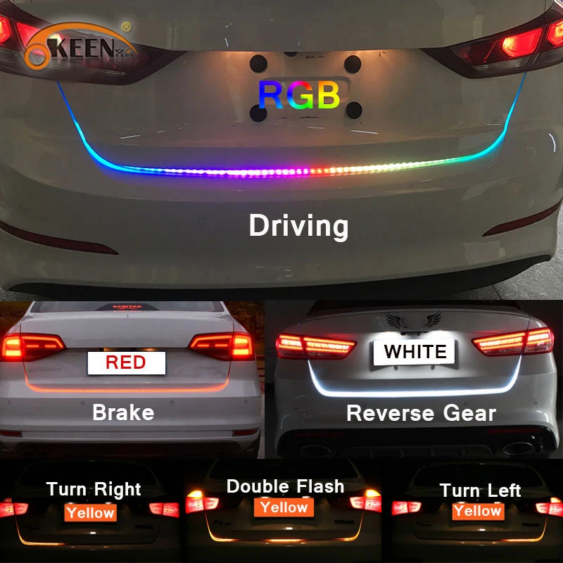 OKEEN 47.6inch RGB colorful flowing LED Trunk strip for car trunk dynamic blinkers led turn light Tail lights LED DRL Light
OKEEN 47.6inch RGB colorful flowing LED Trunk strip for car trunk dynamic blinkers led turn light Tail lights LED DRL Light