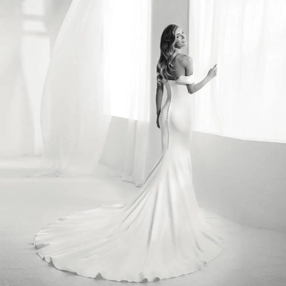 2025 Simple Mermaid Wedding Dresses Satin Off The Shoulder Bridal Gowns Sweep Train Casual Dresses Zipper With Buttons Back
2025 Simple Mermaid Wedding Dresses Satin Off The Shoulder Bridal Gowns Sweep Train Casual Dresses Zipper With Buttons Back
