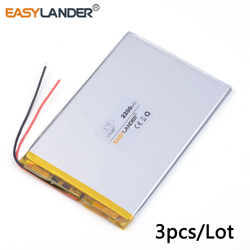 3pcs /Lot 3.7v lithium Li ion polymer rechargeable battery 356487 2200mAh For Mp3 GPS PSP phone PAD MID DVD Power bank
3pcs /Lot 3.7v lithium Li ion polymer rechargeable battery 356487 2200mAh For Mp3 GPS PSP phone PAD MID DVD Power bank