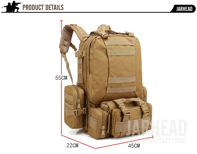 Mochila táctica 50L estilo MOLLE y compartimentos