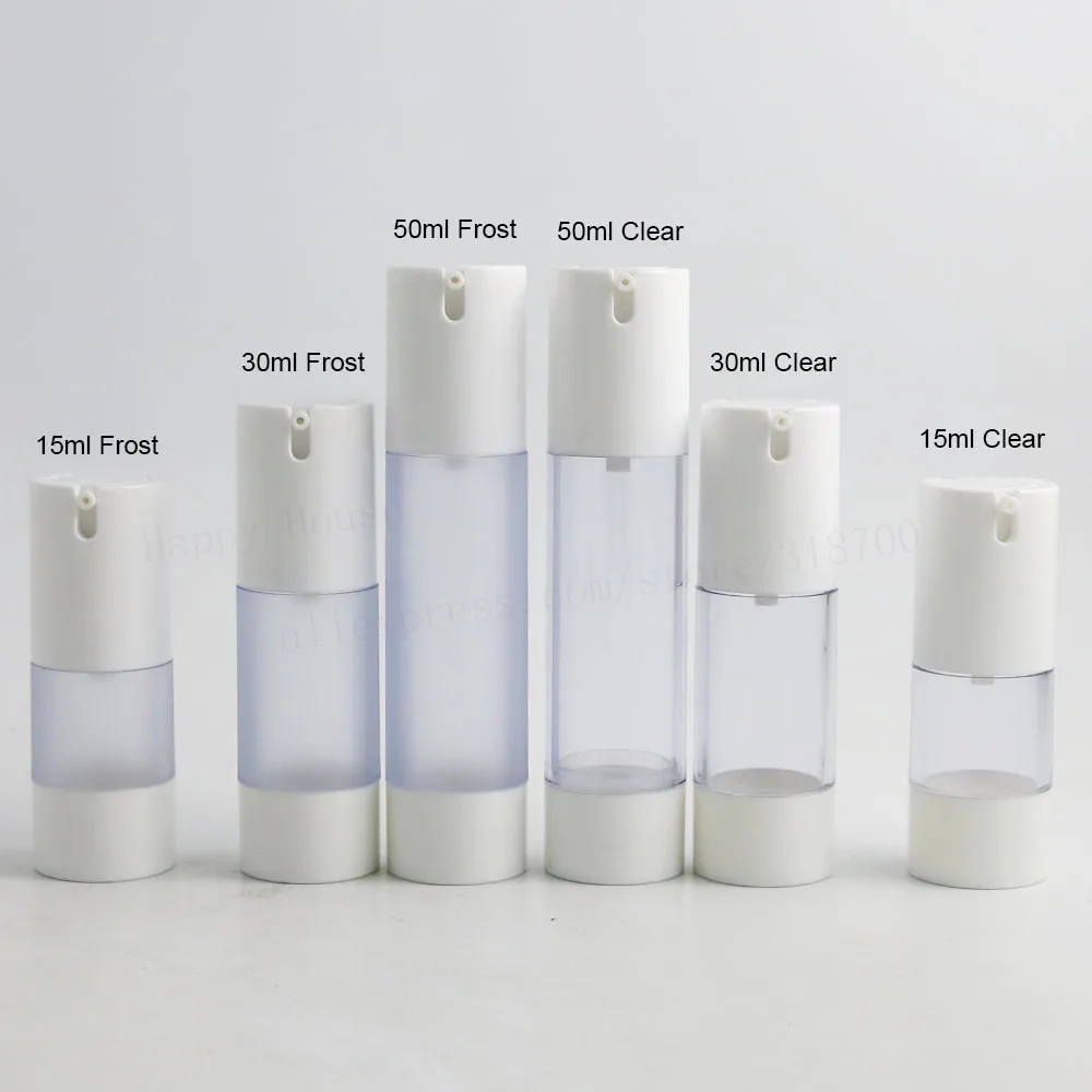 24pcs Travel 15ml 30ml 50ml Empty Refillable Clear Frost Airless Vacuum Eye Cream Essence Lotions Bottle with White Pump Bottom
24pcs Travel 15ml 30ml 50ml Empty Refillable Clear Frost Airless Vacuum Eye Cream Essence Lotions Bottle with White Pump Bottom
