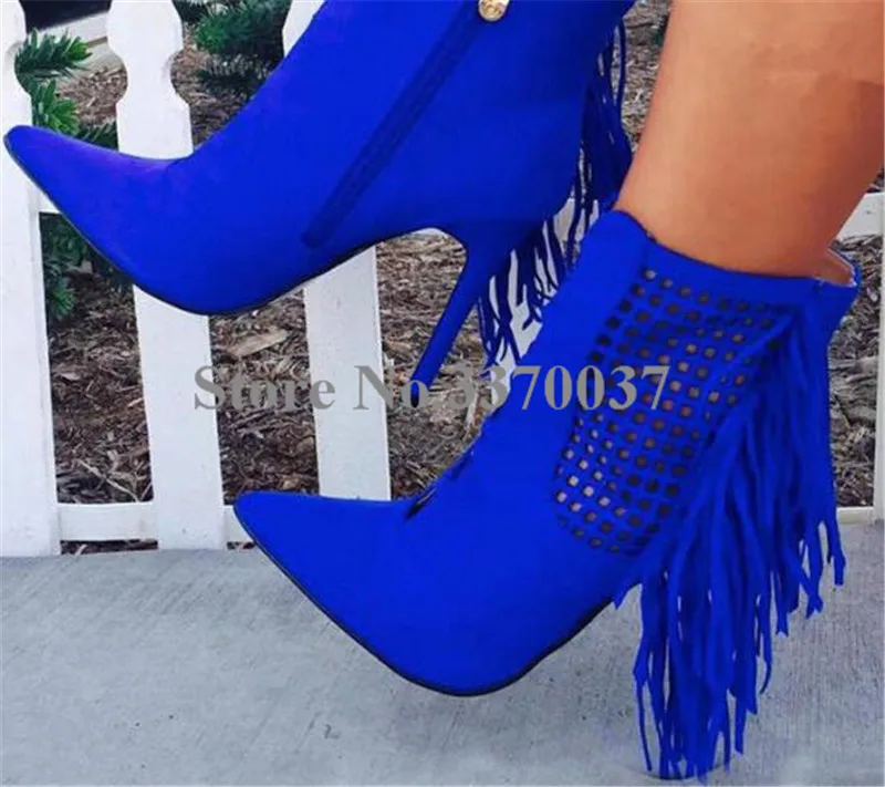 New Fashion Women Pointed Toe Blue Suede Leather Tassels Ankle Boots Cut-out Fringes High Heel Short Boots Unique Shoes
New Fashion Women Pointed Toe Blue Suede Leather Tassels Ankle Boots Cut-out Fringes High Heel Short Boots Unique Shoes