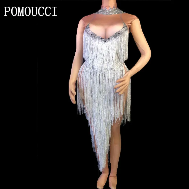 Women New Singer Costume Sexy Perspective Silver Long Tassels Bodysuit Sparkly Crystal Jumpsuit Nightclub Dancer Stage Outfit 
Women New Singer Costume Sexy Perspective Silver Long Tassels Bodysuit Sparkly Crystal Jumpsuit Nightclub Dancer Stage Outfit